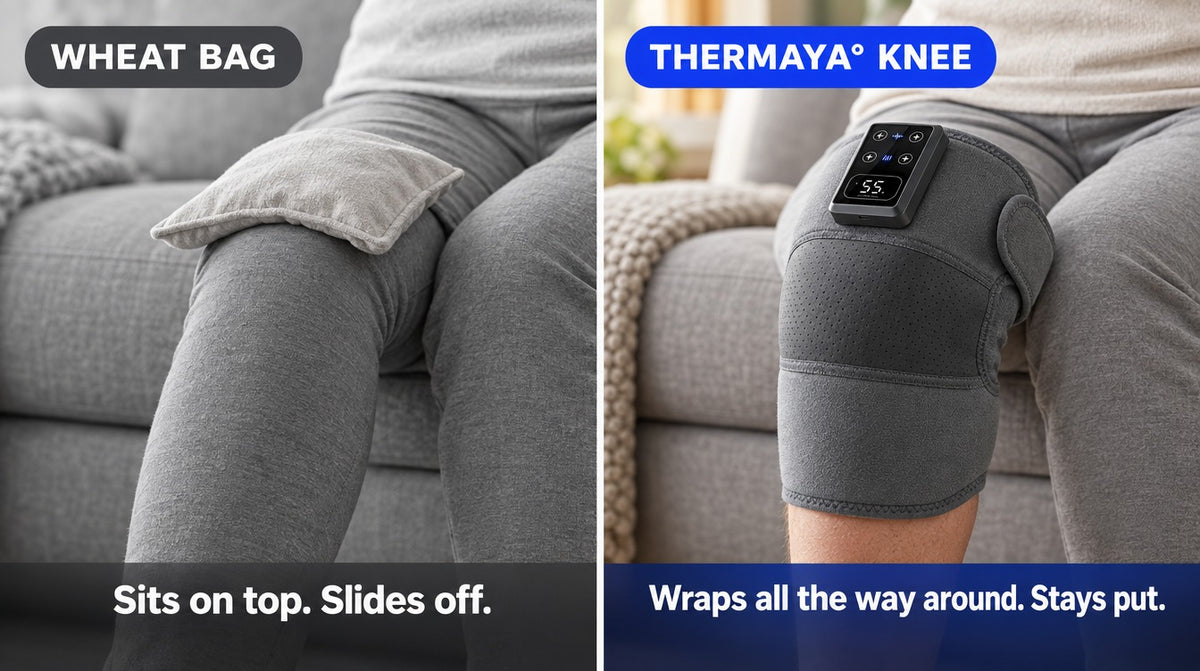 Wheat bag sits on top and slides off; the Thermaya° Knee wraps all the way around